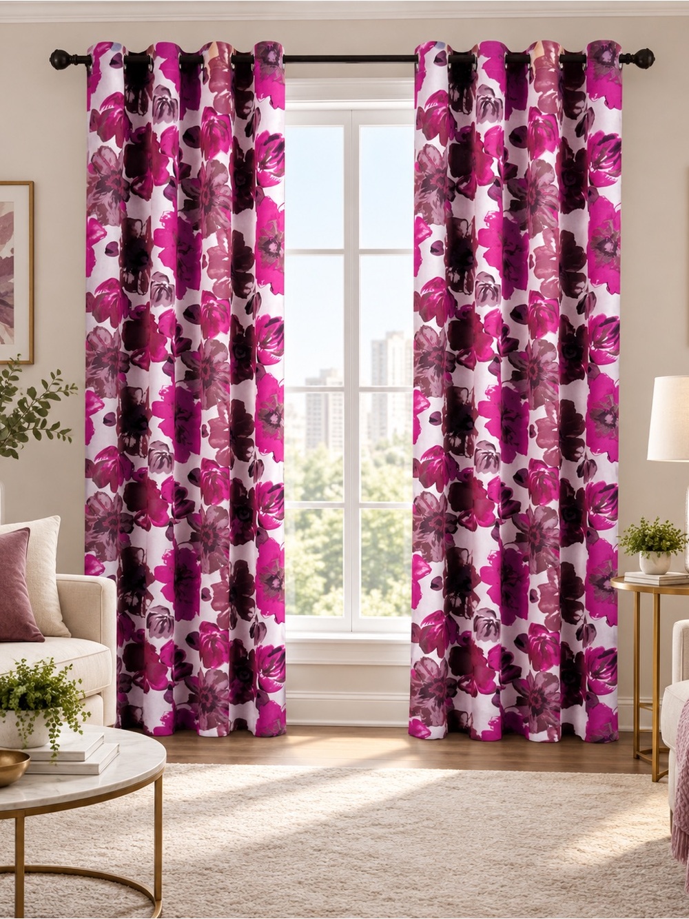 Floral Pink and Magenta Grommet-Top Window Curtains